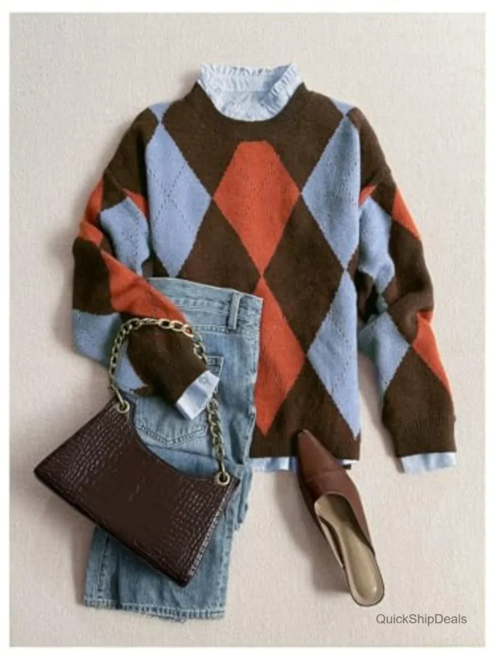 Argyle Plaid Sweater Crew Neck Long Sleeve Knit Vintage Pullover